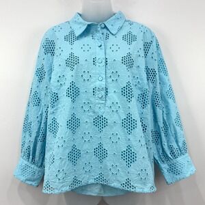 J Crew Eyelet Top Womens XL Aqua NWT Preppy Boho Feminine Coastal Popover Beachy
